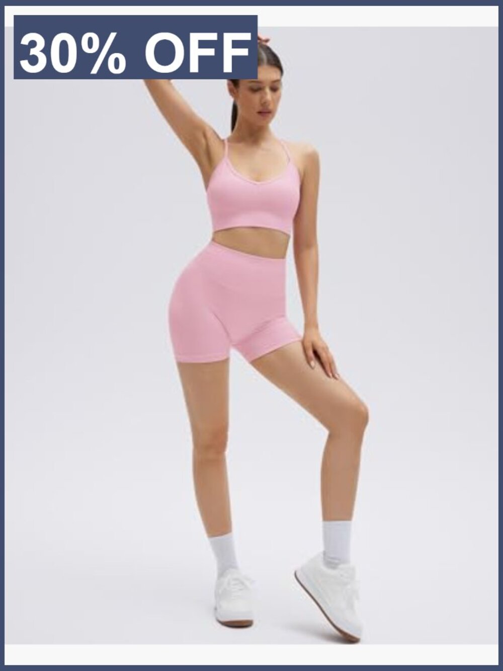 Seamless 2 Piece Workout Sets Criss Cross Sports Bra High Waist Booty Shorts - Picture 3 of 7